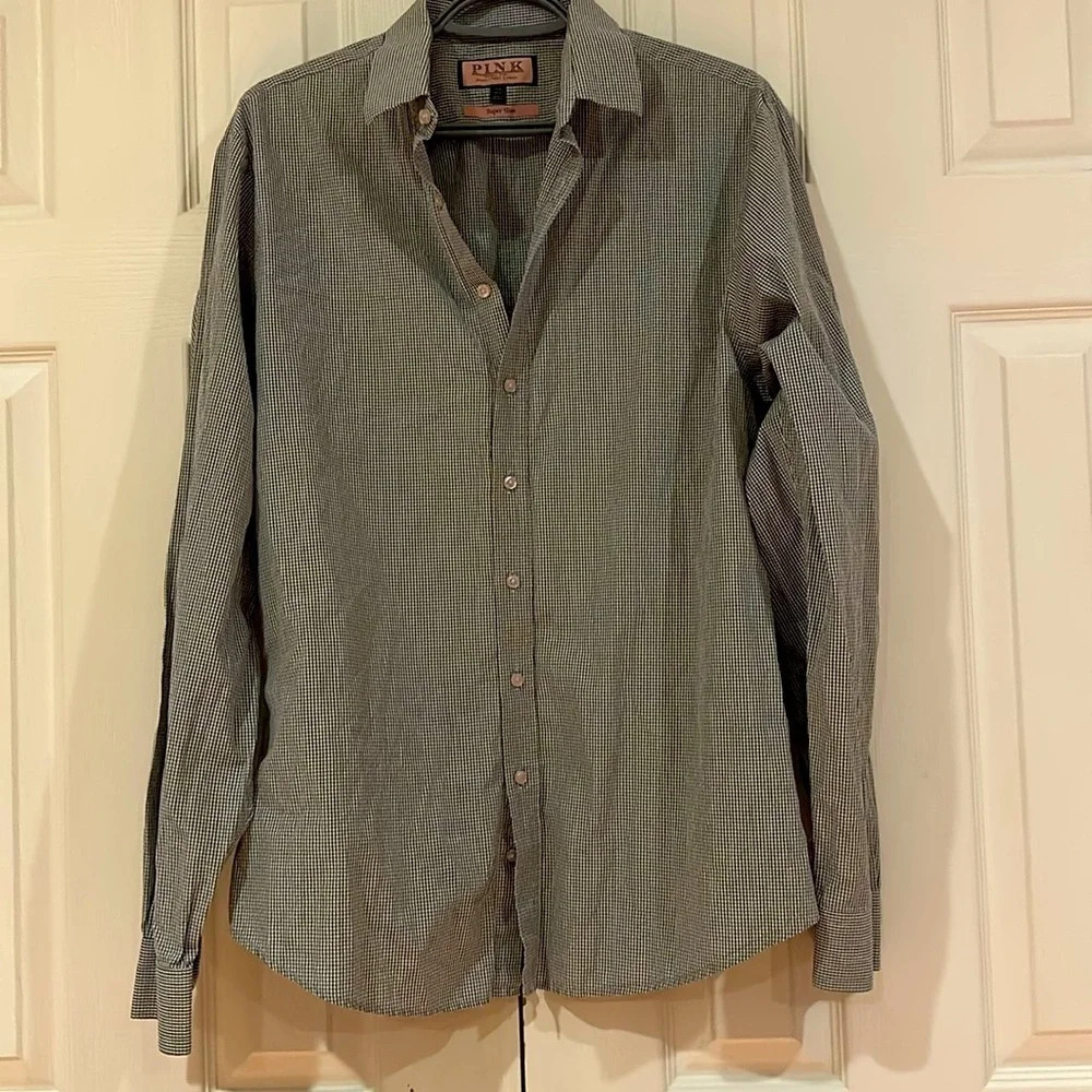 Thomas PINK Shirt  Dress Button Down Super Slim checkered Long Sleeve shirt